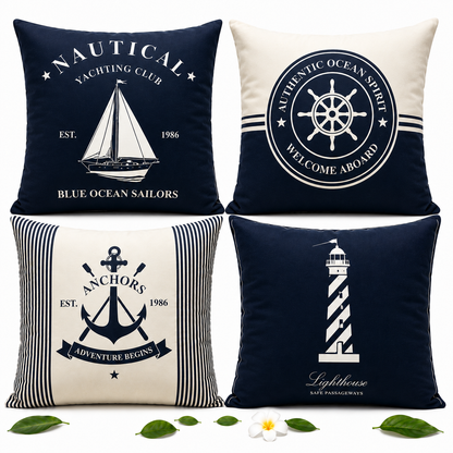HeavenBirds Navy Nautical Cushion Cover Set | Sailboat, Anchor, Lighthouse Decorative Pillow Covers | Coastal Living Collection