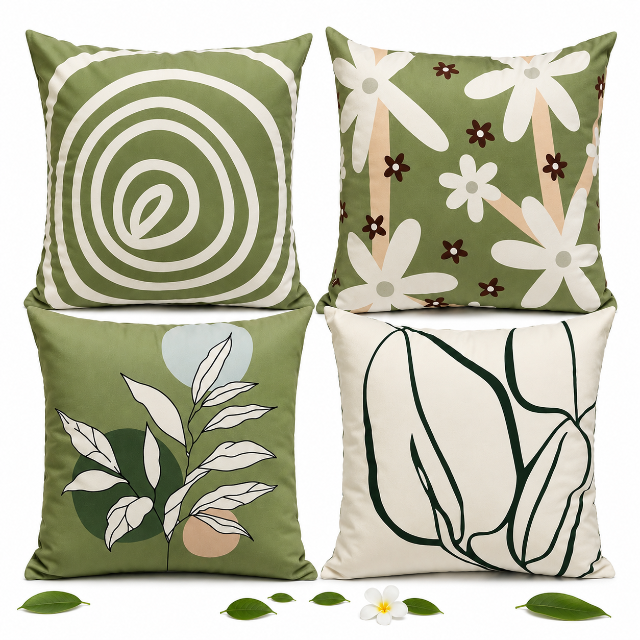 Set of 4 Sage Green Botanical Cushion Covers | Modern Abstract Leaf Throw Pillow Covers | Minimalist Boho Home Decor