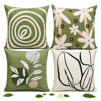 Set of 4 Sage Green Botanical Cushion Covers | Modern Abstract Leaf Throw Pillow Covers | Minimalist Boho Home Decor