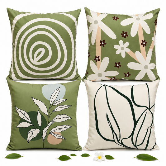 Set of 4 Sage Green Botanical Cushion Covers | Modern Abstract Leaf Throw Pillow Covers | Minimalist Boho Home Decor