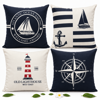 Set of 4 Coastal Nautical Throw Pillow Covers | Atlantic Ocean Sailboat, Compass, Lighthouse & Anchor Cushion Covers 18x18 Inch