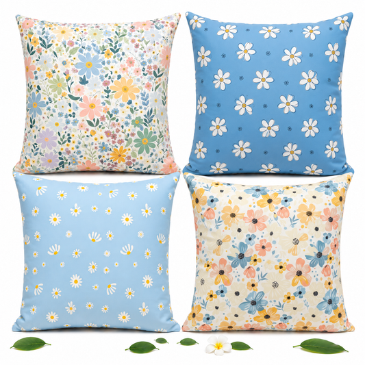 Set of 4 Blue Floral Cushion Covers | Daisy Flower Decorative Throw Pillow Covers | Spring Cottagecore Sofa Cushion Covers