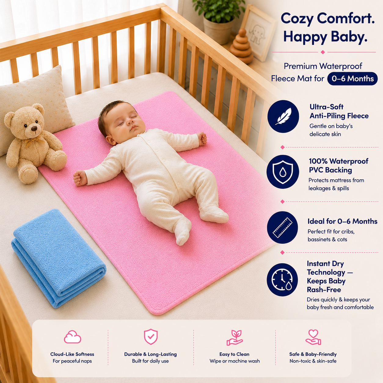 Heavenbirds Waterproof Baby Dry Sheets | Soft Fleece Mattress Protector | 50×70 / 70×100 / 100×140 cm | Sky Blue - Pink- Pack of 2