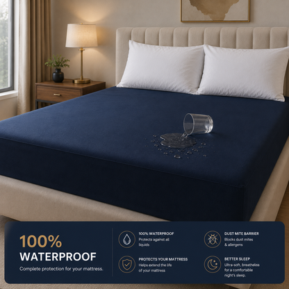 HeavenBirds Waterproof Mattress Protector | King Size 78"x72" | Dark Blue | Cotton Terry | Machine Washable