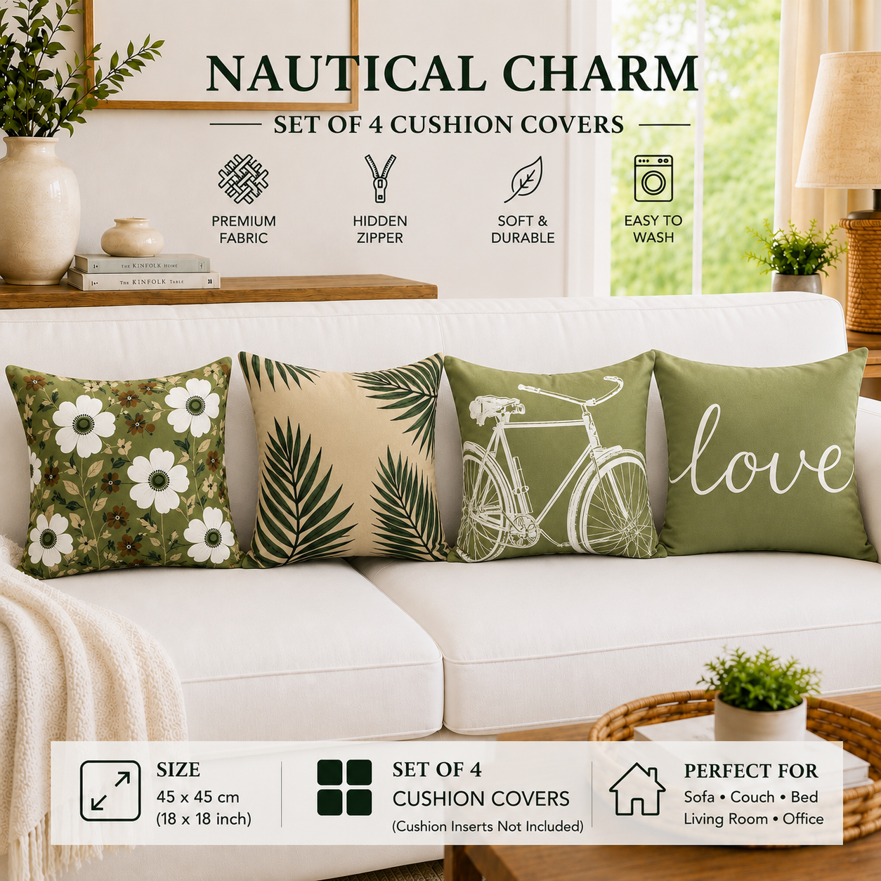 HeavenBirds Sage Green Botanical Cushion Cover Set | Floral, Palm Leaf, Bicycle & Love Print Decorative Throw Pillow Covers | Modern Farmhouse Home Decor