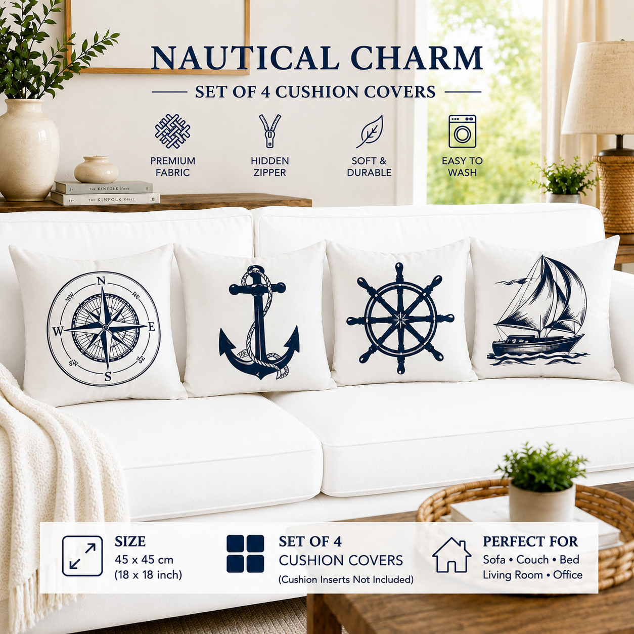 Set of 4 Minimal Nautical Cushion Covers | Compass, Anchor, Ship Wheel & Sailboat Throw Pillow Covers | Coastal Farmhouse Home Decor