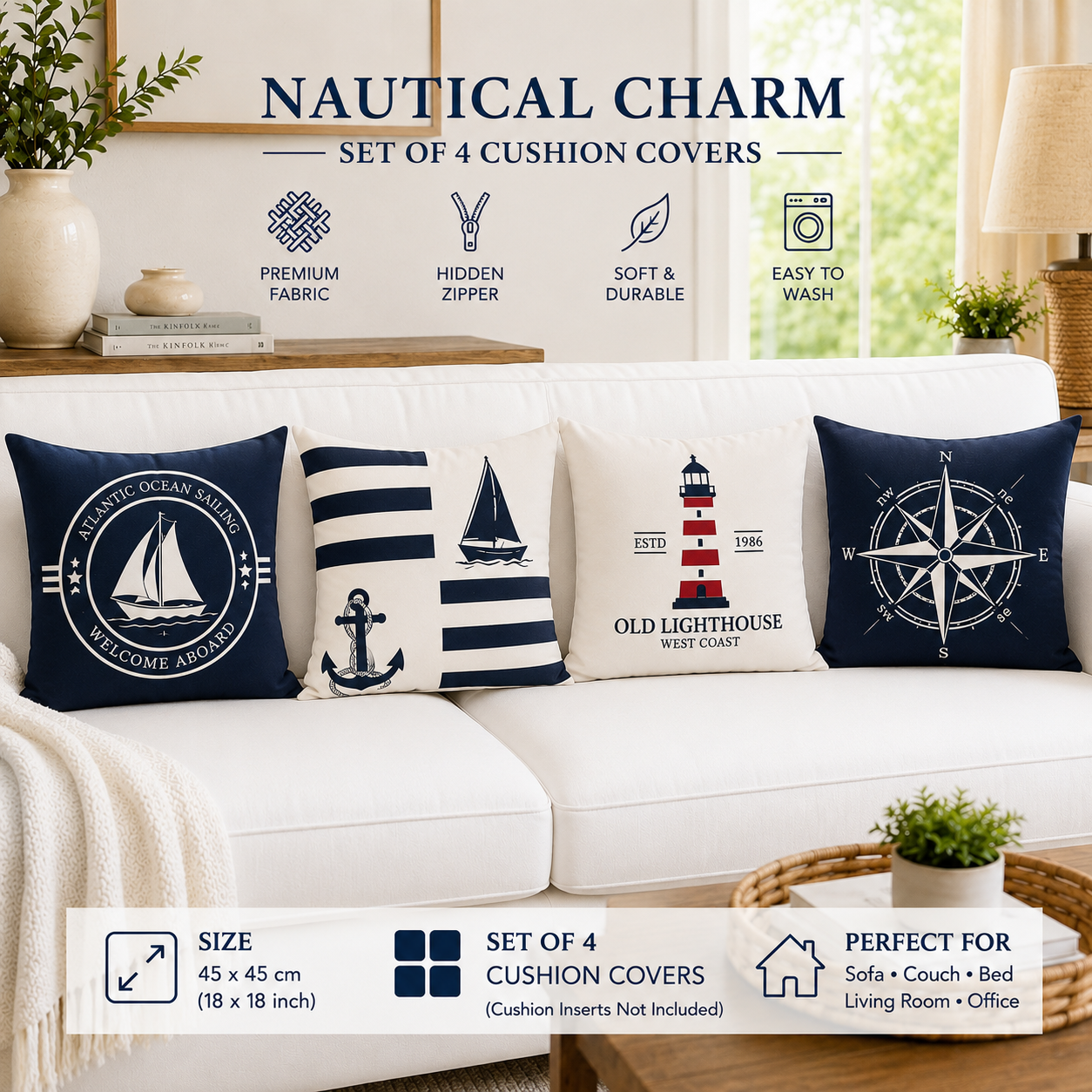 Set of 4 Coastal Nautical Throw Pillow Covers | Atlantic Ocean Sailboat, Compass, Lighthouse & Anchor Cushion Covers 18x18 Inch