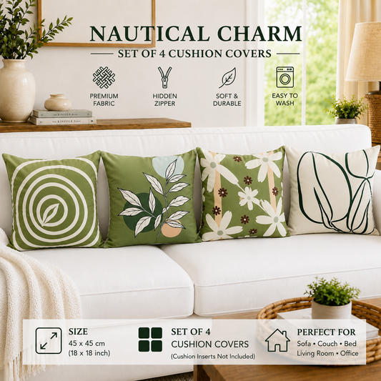 Set of 4 Sage Green Botanical Cushion Covers | Modern Abstract Leaf Throw Pillow Covers | Minimalist Boho Home Decor
