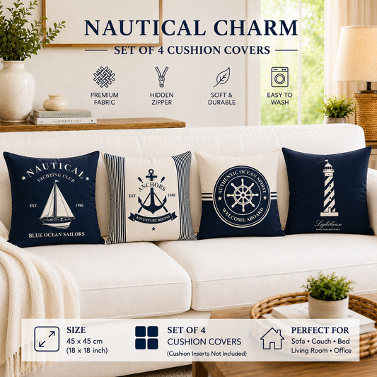 HeavenBirds Navy Nautical Cushion Cover Set | Sailboat, Anchor, Lighthouse Decorative Pillow Covers | Coastal Living Collection