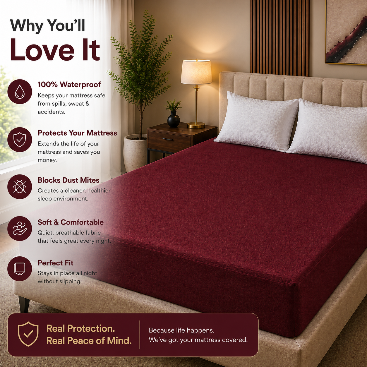 HeavenBirds Waterproof Mattress Protector | King Size 78"x72" | Maroon Red | Cotton Terry | Machine Washable
