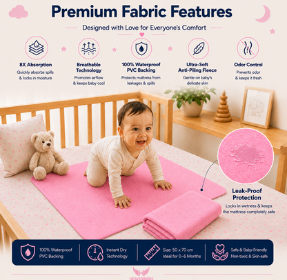 Heavenbirds Waterproof Baby Dry Sheets | Soft Fleece Mattress Protector | 50×70 / 70×100 / 100×140 cm | Pink- Pack of 2