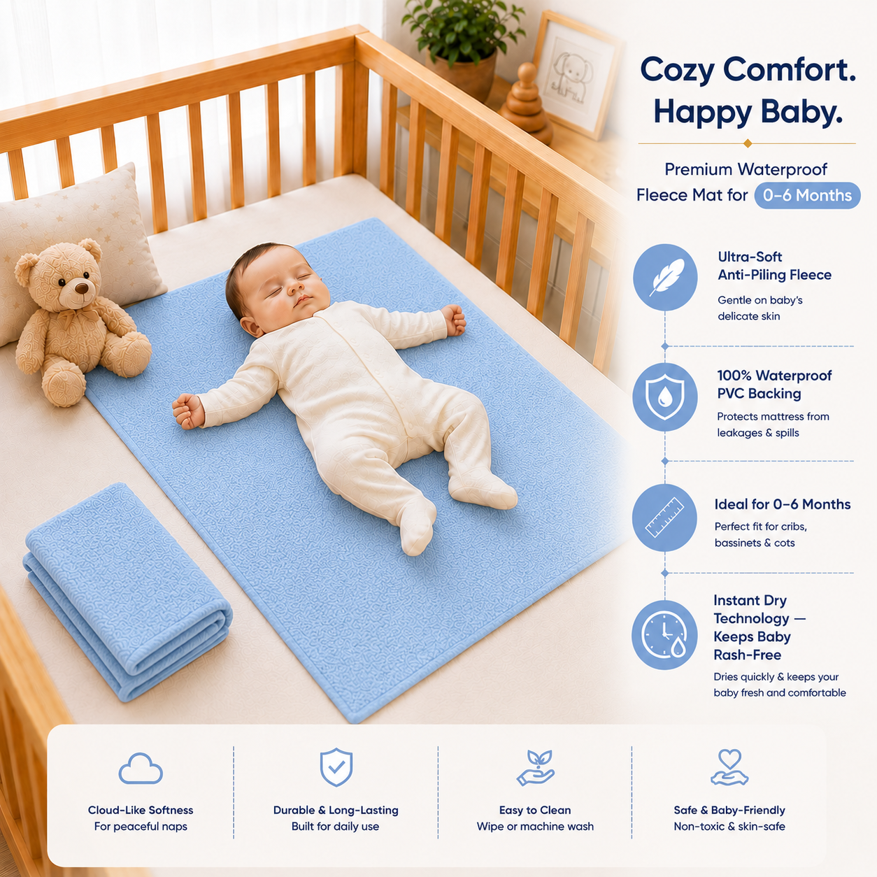 Heavenbirds Waterproof Baby Dry Sheets | Soft Fleece Mattress Protector | 50×70 / 70×100 / 100×140 cm | Sky Blue - Pack of 2