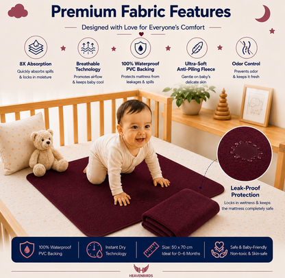 Heavenbirds Waterproof Baby Dry Sheets | Soft Fleece Mattress Protector | 50×70 / 70×100 / 100×140 cm | Maroon - Pack of 2