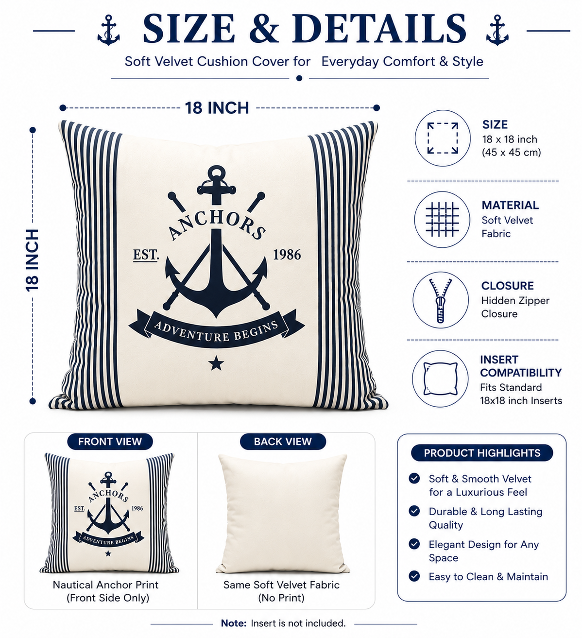 HeavenBirds Navy Nautical Cushion Cover Set | Sailboat, Anchor, Lighthouse Decorative Pillow Covers | Coastal Living Collection