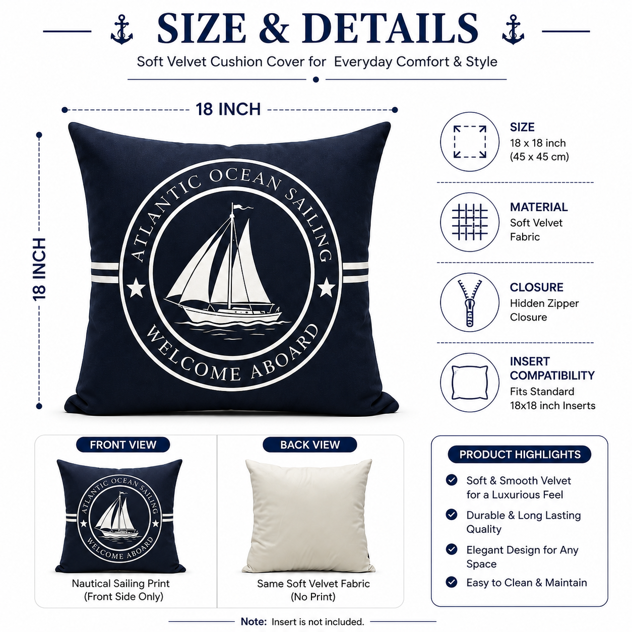 Set of 4 Coastal Nautical Throw Pillow Covers | Atlantic Ocean Sailboat, Compass, Lighthouse & Anchor Cushion Covers 18x18 Inch