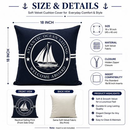 Set of 4 Coastal Nautical Throw Pillow Covers | Atlantic Ocean Sailboat, Compass, Lighthouse & Anchor Cushion Covers 18x18 Inch