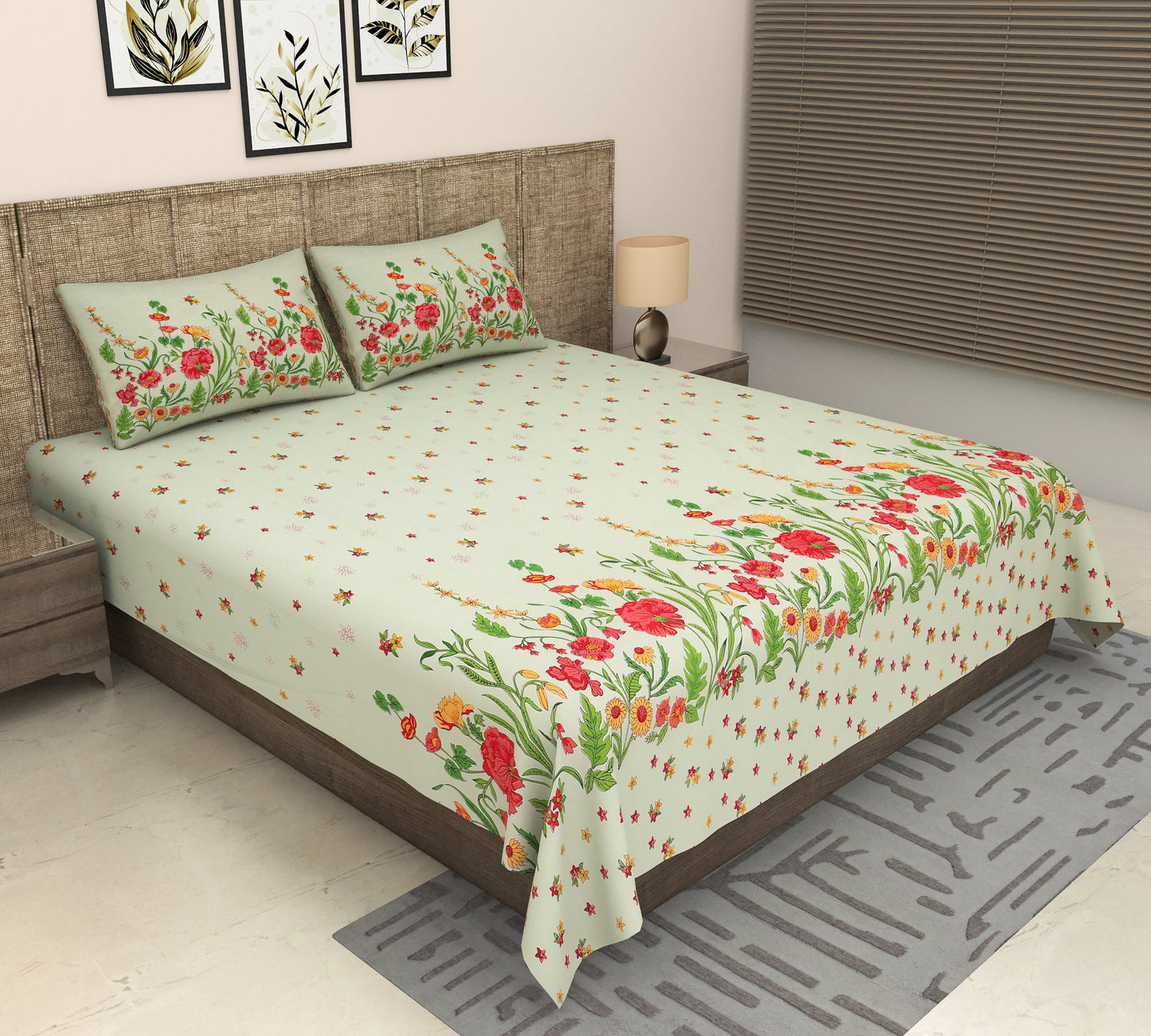 Heavenbirds 300 TC Premium Cotton Bedsheet with 2 Pillow Covers | Ultra Soft & Color Fade Resistant