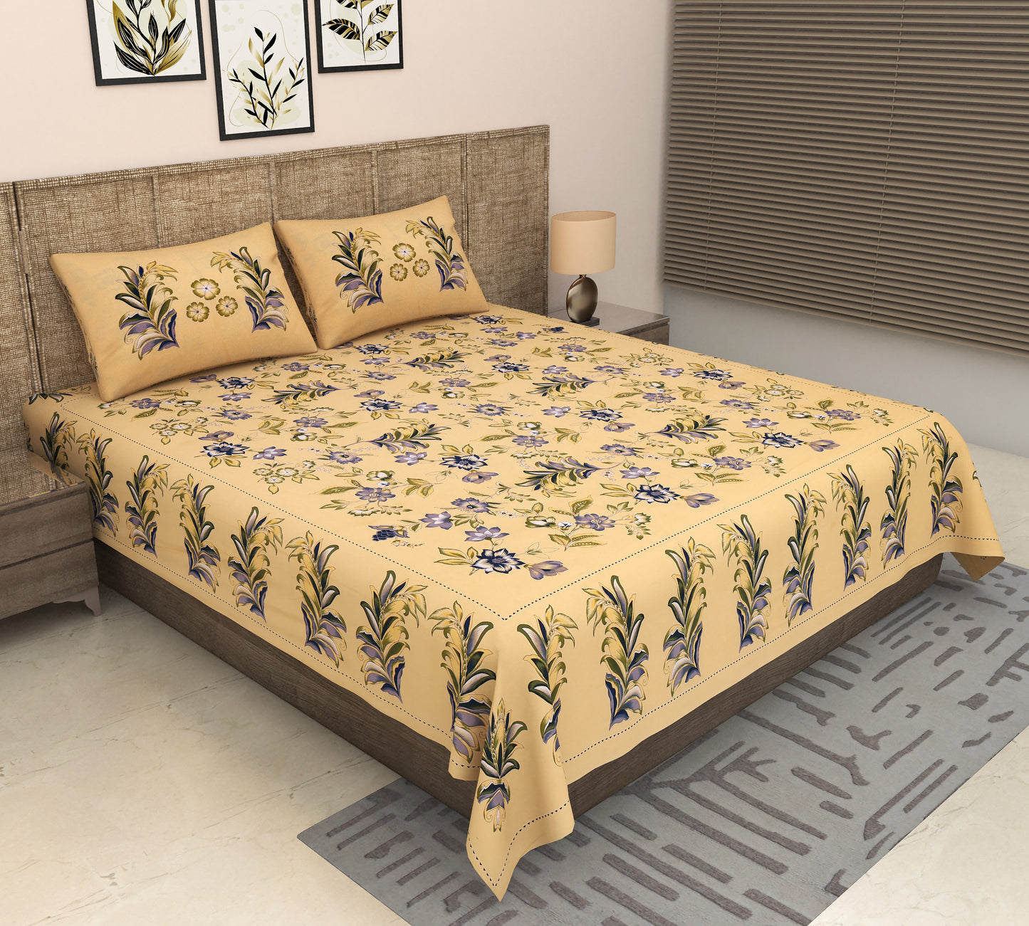 Heavenbirds 300 TC Premium Cotton Bedsheet with 2 Pillow Covers | Ultra Soft & Color Fade Resistant (Copy)