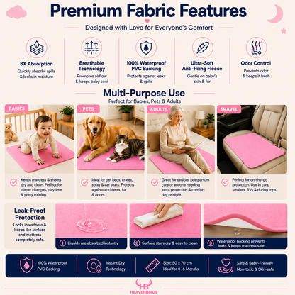 Heavenbirds Waterproof Baby Dry Sheets | Soft Fleece Mattress Protector | 50×70 / 70×100 / 100×140 cm | Pink- Pack of 2