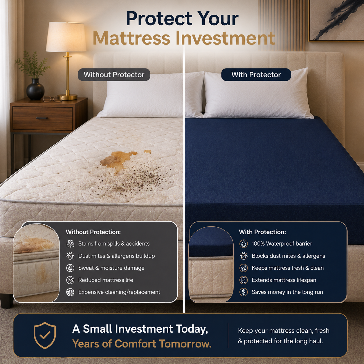 HeavenBirds Waterproof Mattress Protector | King Size 78"x72" | Dark Blue | Cotton Terry | Machine Washable