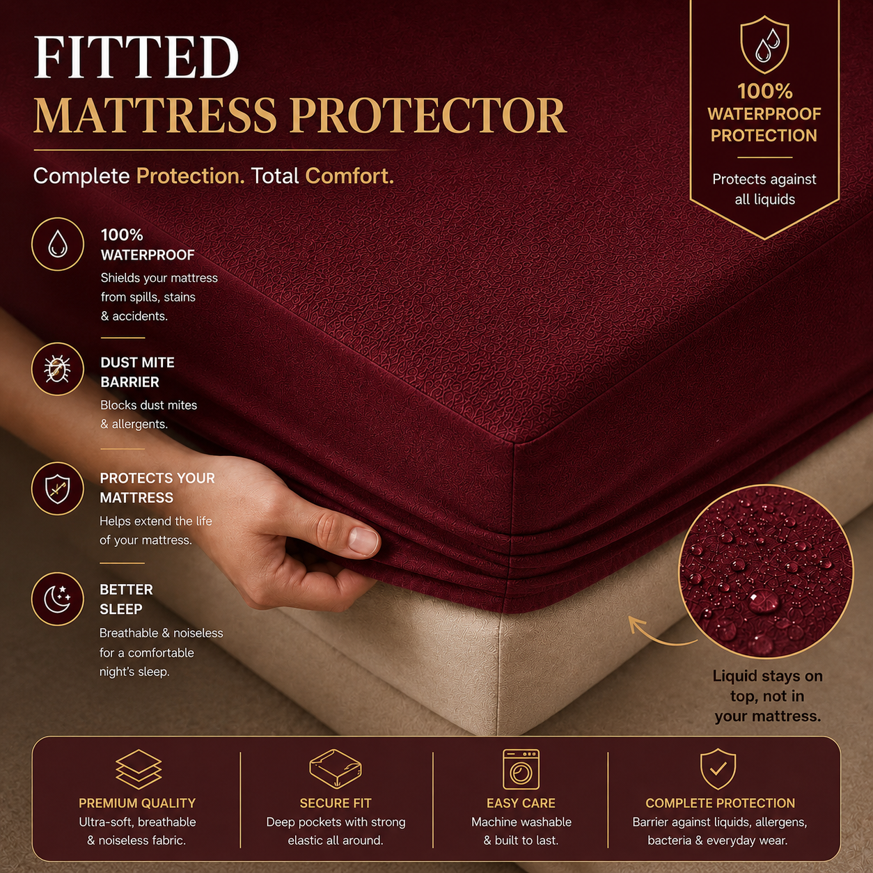 HeavenBirds Waterproof Mattress Protector | King Size 78"x72" | Maroon Red | Cotton Terry | Machine Washable