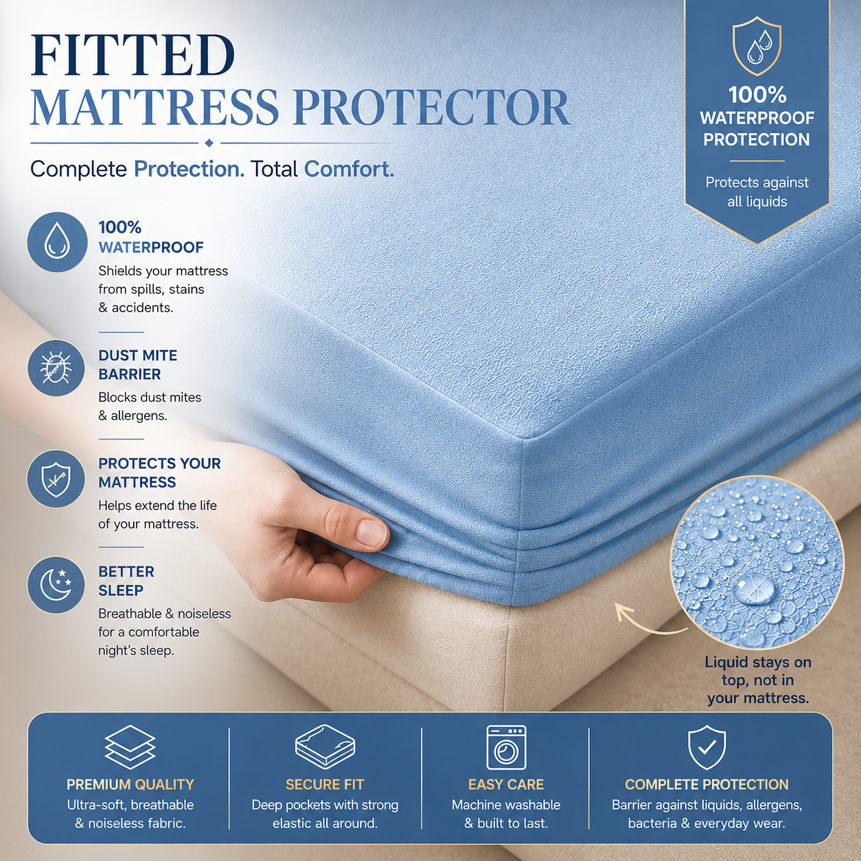HeavenBirds Waterproof Mattress Protector | King Size 78"x72" | Sky Blue | Cotton Terry | Machine Washable