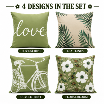 HeavenBirds Sage Green Botanical Cushion Cover Set | Floral, Palm Leaf, Bicycle & Love Print Decorative Throw Pillow Covers | Modern Farmhouse Home Decor