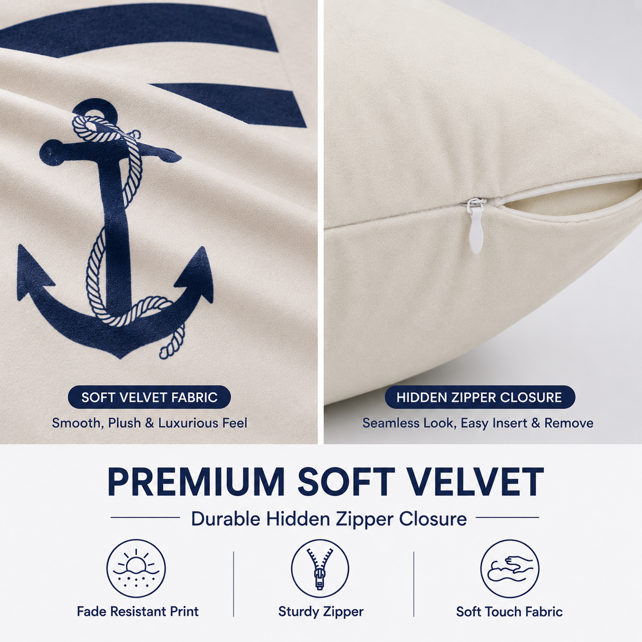 Set of 4 Coastal Nautical Throw Pillow Covers | Atlantic Ocean Sailboat, Compass, Lighthouse & Anchor Cushion Covers 18x18 Inch