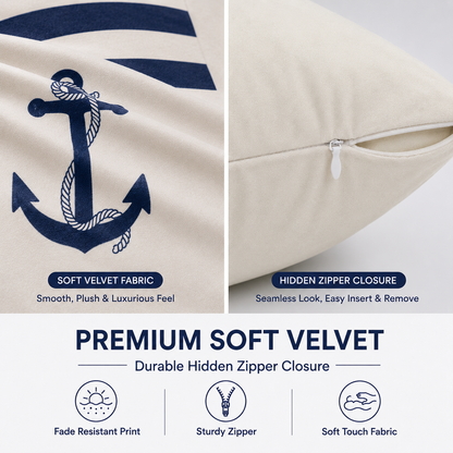 Set of 4 Coastal Nautical Throw Pillow Covers | Atlantic Ocean Sailboat, Compass, Lighthouse & Anchor Cushion Covers 18x18 Inch