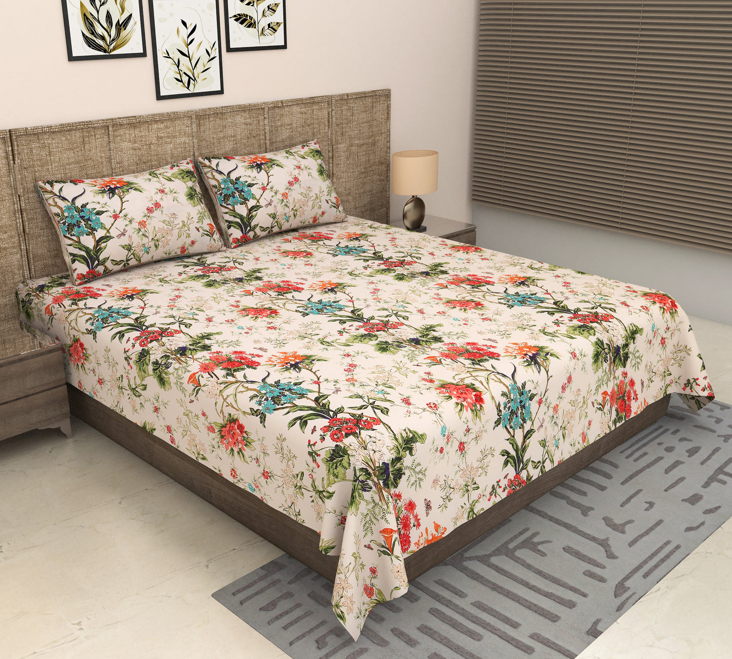 Heavenbirds 300 TC Premium Cotton Bedsheet with 2 Pillow Covers | Ultra Soft & Color Fade Resistant