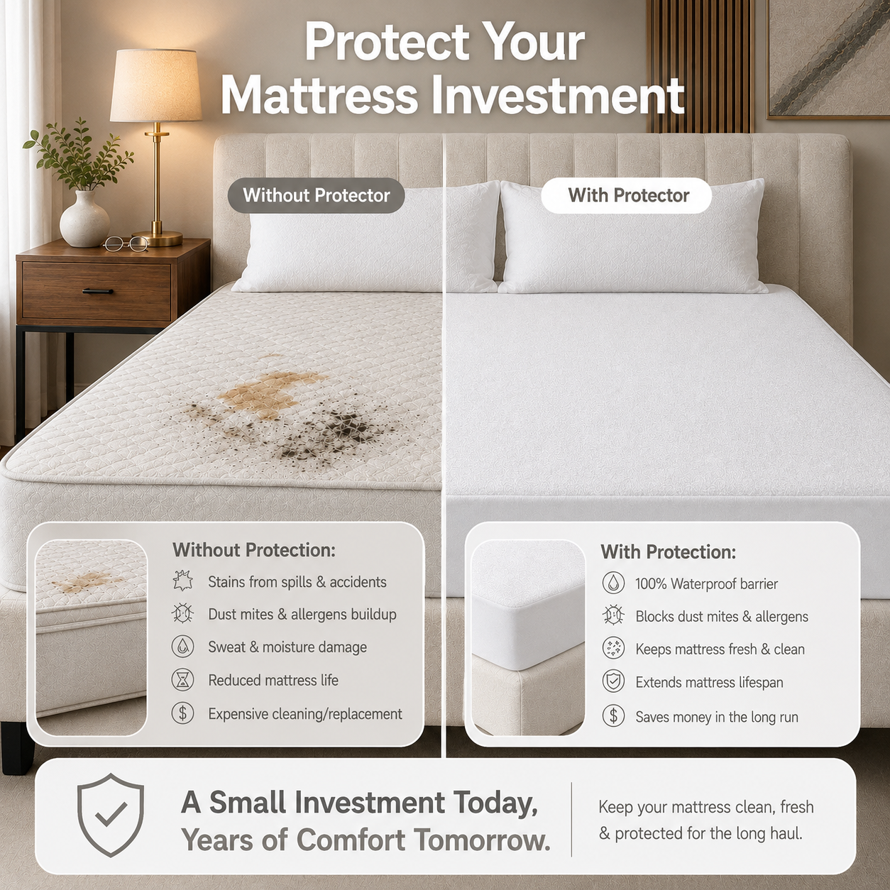 HeavenBirds Waterproof Mattress Protector | King Size 78"x72" | White | Cotton Terry | Machine Washable