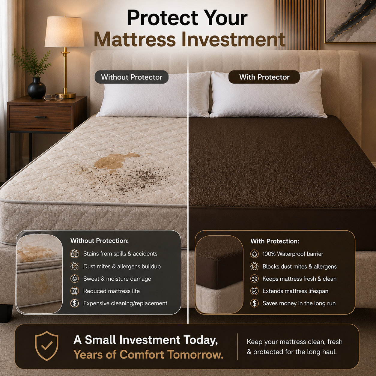 HeavenBirds Waterproof Mattress Protector | King Size 78"x72" | Brown | Cotton Terry | Machine Washable
