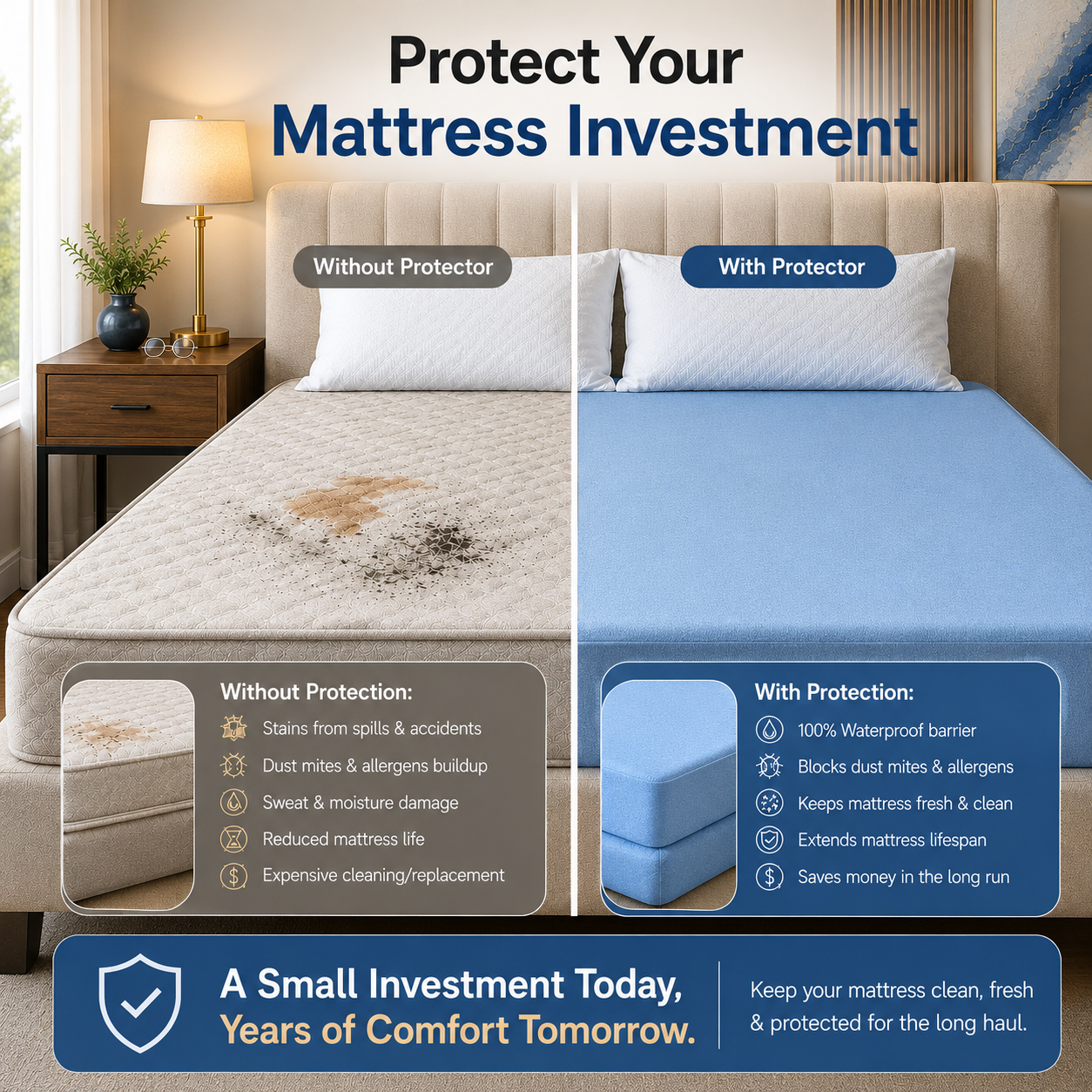 HeavenBirds Waterproof Mattress Protector | King Size 78"x72" | Sky Blue | Cotton Terry | Machine Washable