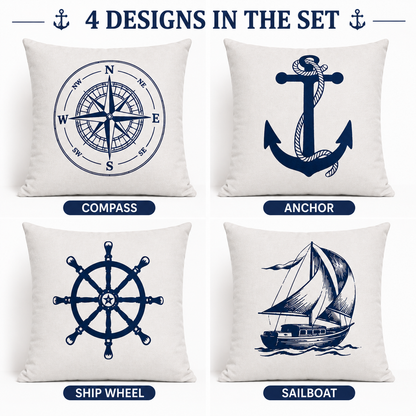 Set of 4 Minimal Nautical Cushion Covers | Compass, Anchor, Ship Wheel & Sailboat Throw Pillow Covers | Coastal Farmhouse Home Decor