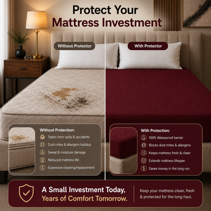 HeavenBirds Waterproof Mattress Protector | King Size 78"x72" | Maroon Red | Cotton Terry | Machine Washable