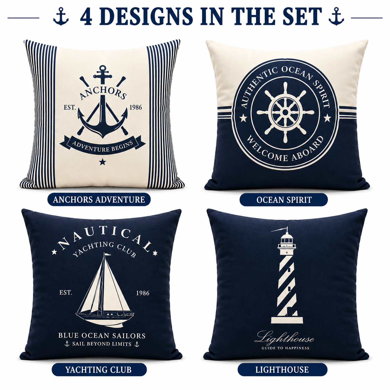 HeavenBirds Navy Nautical Cushion Cover Set | Sailboat, Anchor, Lighthouse Decorative Pillow Covers | Coastal Living Collection