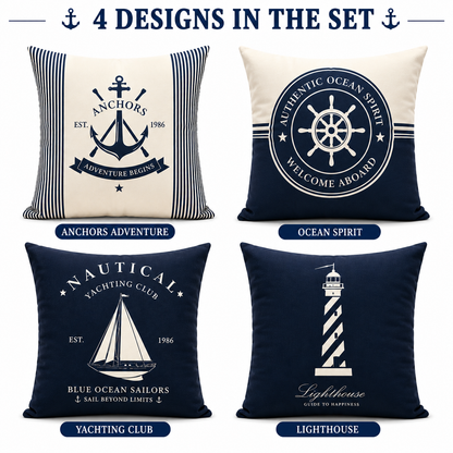 HeavenBirds Navy Nautical Cushion Cover Set | Sailboat, Anchor, Lighthouse Decorative Pillow Covers | Coastal Living Collection