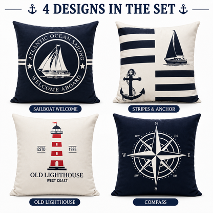 Set of 4 Coastal Nautical Throw Pillow Covers | Atlantic Ocean Sailboat, Compass, Lighthouse & Anchor Cushion Covers 18x18 Inch