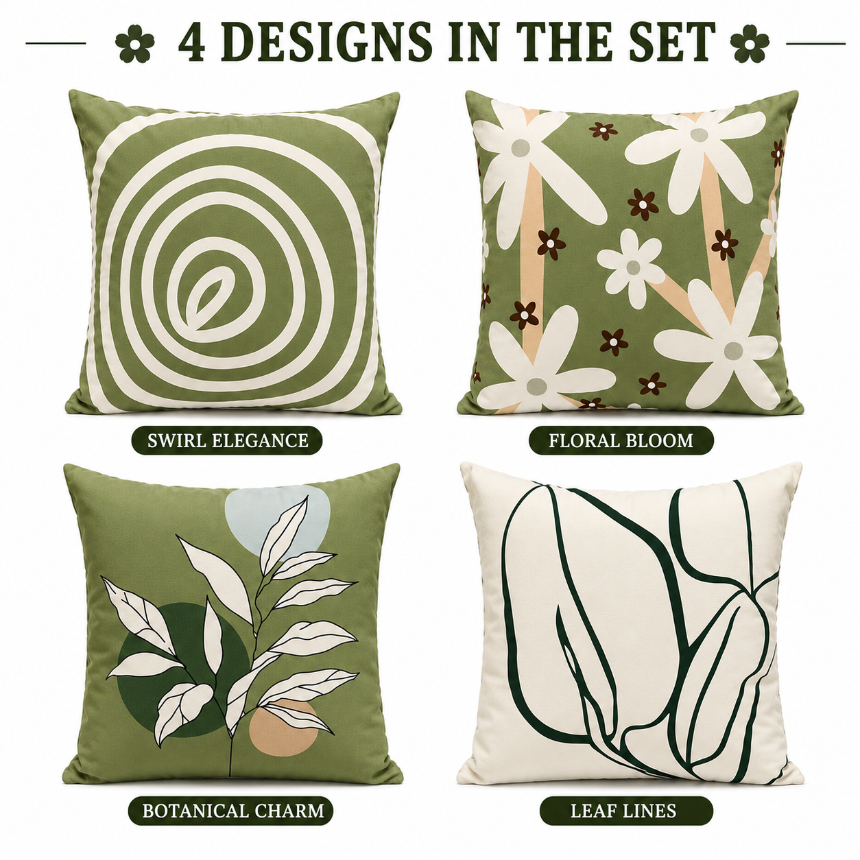 Set of 4 Sage Green Botanical Cushion Covers | Modern Abstract Leaf Throw Pillow Covers | Minimalist Boho Home Decor