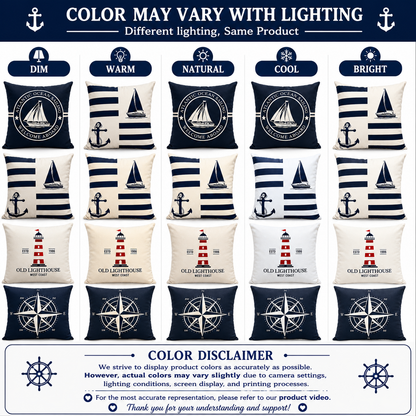Set of 4 Coastal Nautical Throw Pillow Covers | Atlantic Ocean Sailboat, Compass, Lighthouse & Anchor Cushion Covers 18x18 Inch