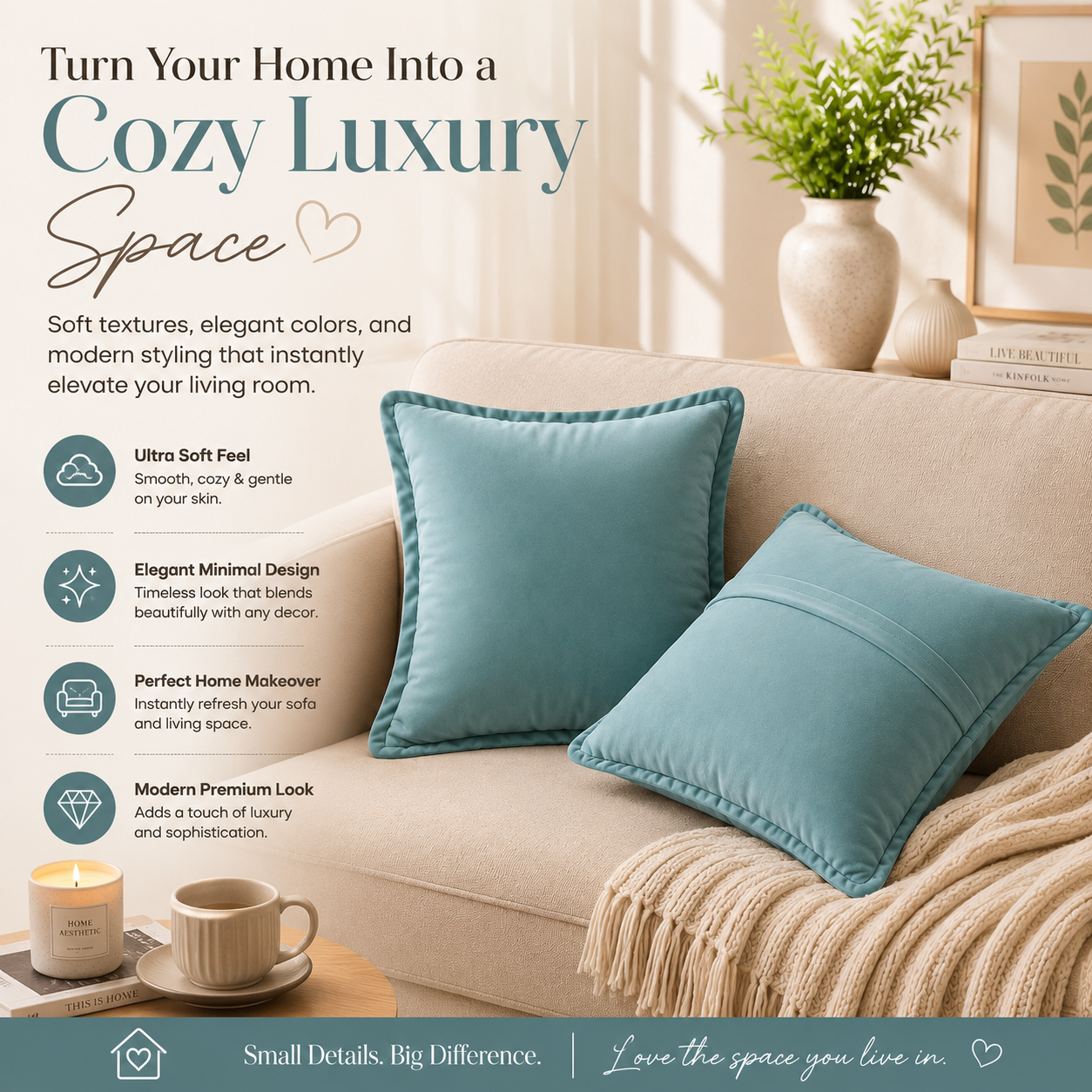 Velvet Cushion Cover 16x16 Aqua Blue – Set of 2 | Sofa Throw Pillow Case