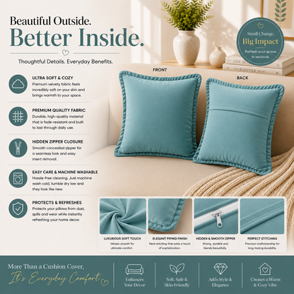 Velvet Cushion Cover 16x16 Aqua Blue – Set of 2 | Sofa Throw Pillow Case