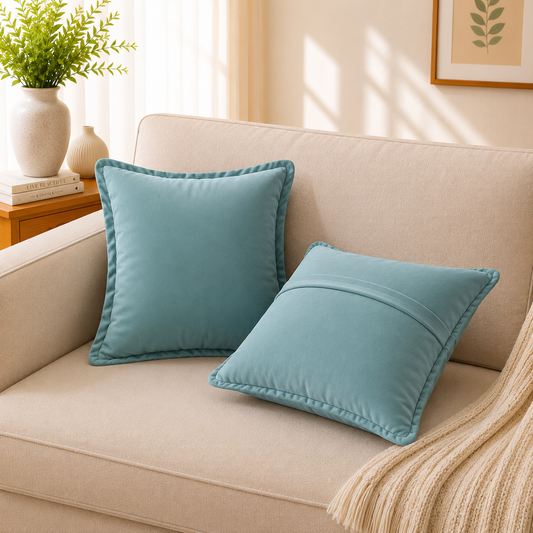 Velvet Cushion Cover 16x16 Aqua Blue – Set of 2 | Sofa Throw Pillow Case