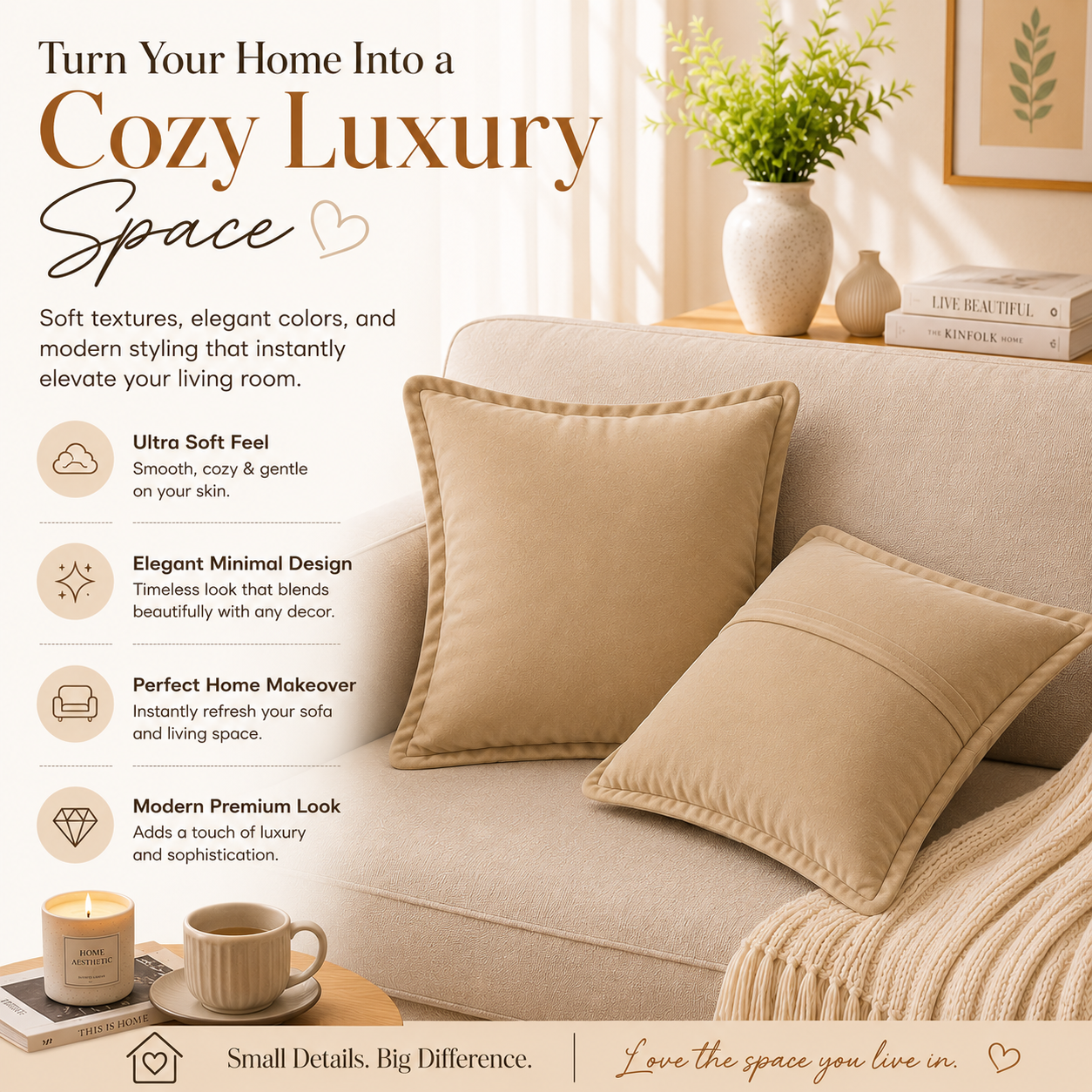 Velvet Cushion Cover 16x16 Beige – Set of 2 | Sofa Throw Pillow Case
