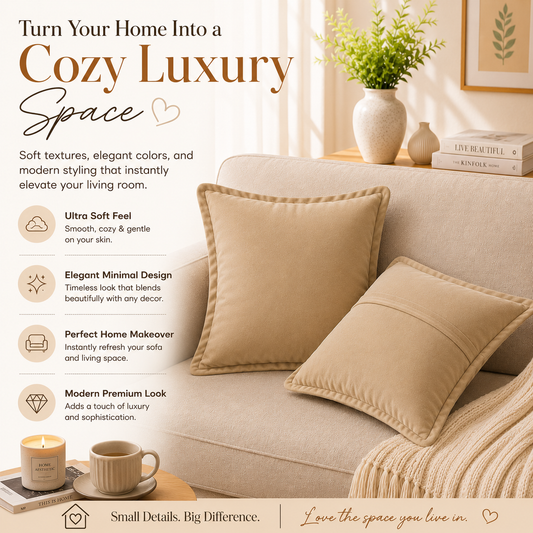 Velvet Cushion Cover 16x16 Beige – Set of 2 | Sofa Throw Pillow Case