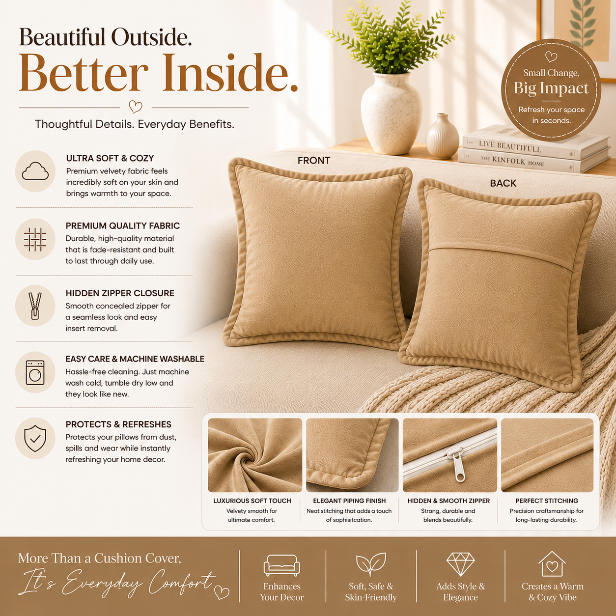 Velvet Cushion Cover 16x16 Beige – Set of 2 | Sofa Throw Pillow Case