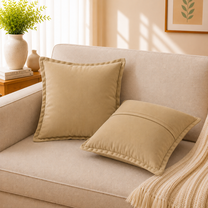Velvet Cushion Cover 16x16 Beige – Set of 2 | Sofa Throw Pillow Case