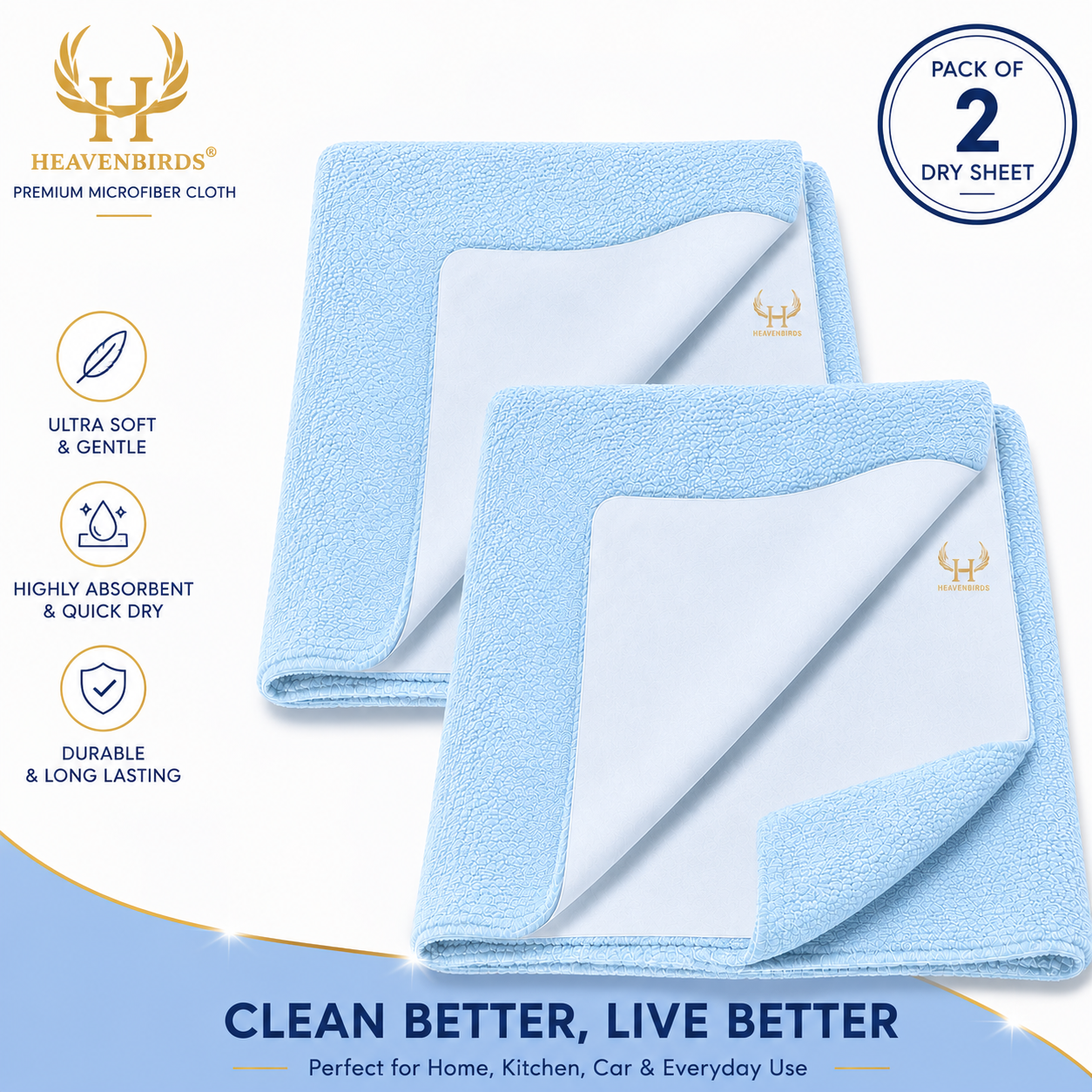 Heavenbirds Waterproof Baby Dry Sheets | Soft Fleece Mattress Protector | 50×70 / 70×100 / 100×140 cm | Sky Blue - Pack of 2