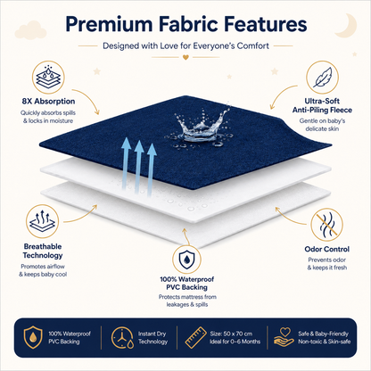 Heavenbirds Waterproof Baby Dry Sheets | Soft Fleece Mattress Protector | 50×70 / 70×100 / 100×140 cm | Navy Blue - Pack of 2