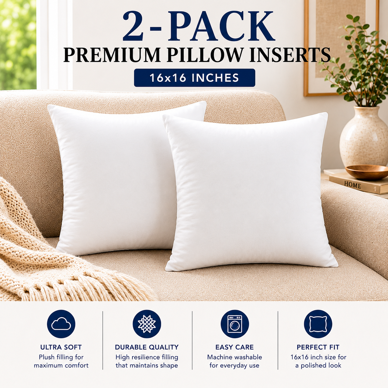Heavenbirds 16x16 Pillow Inserts Set of 2 – Premium Soft Throw Pillow Inserts for Couch, Sofa, Bed & Decorative Cushion Covers | Machine Washable White Cushion Fillers